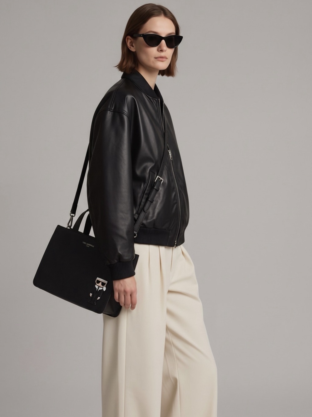 KARL LAGERFELD Black Satchel Top Handle Zip Bag Detachable Crossbody Strap